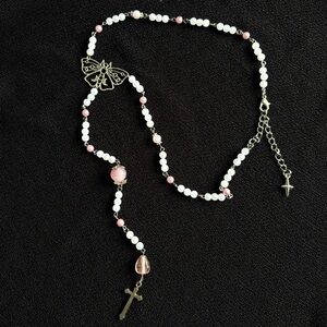 Fairycore White and Pink Beaded Necklace with Cross Pendant